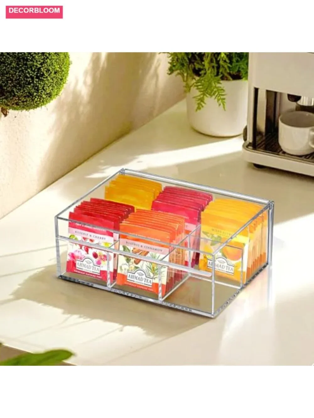 Acrylic Tea Bag Organizer 6-Compartment Clear Plastic Tea Box Storage